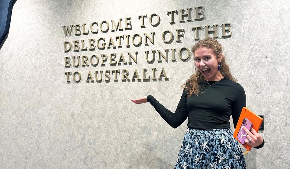 Student on the site of her internship at the Swedish Embassy in Canberra.