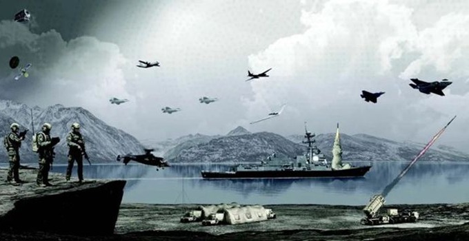 AI-genererad illustration av krigsfartyg, soldater och bombplan som flyger över ett landskap med berg i bakgrunden.