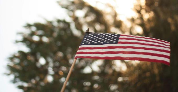 Amerikansk flagga mot träd.