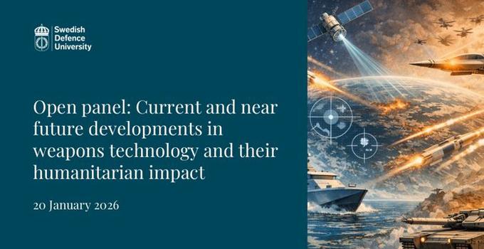 Panelsamtalets rubrik samt futuristisk bild av olika vapenslag.
