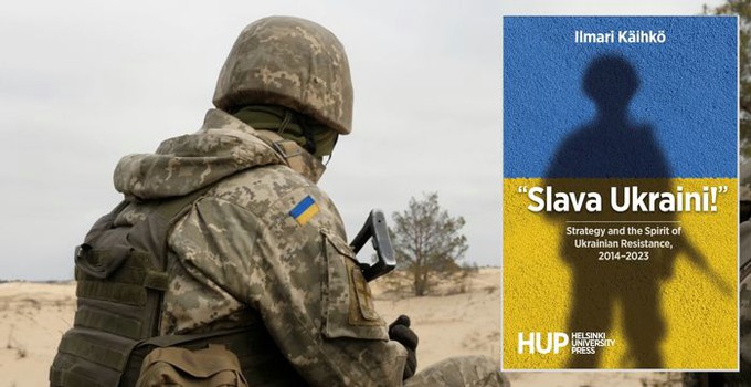 Bildkollage, ukrainsk soldat i uniform och omslag till boken "Slava Ukraini!"