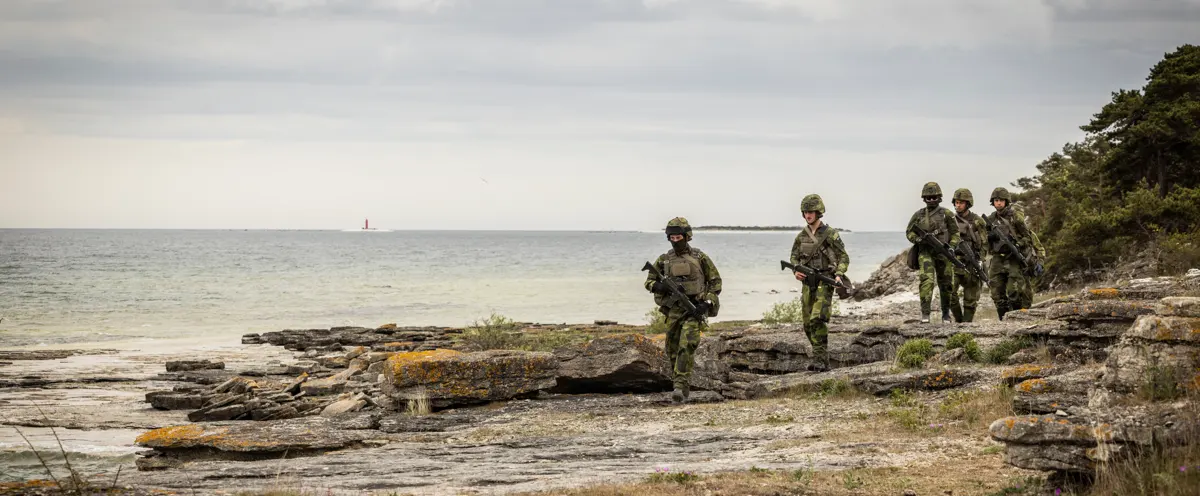 En grupp soldater som går längs en stenig strand.