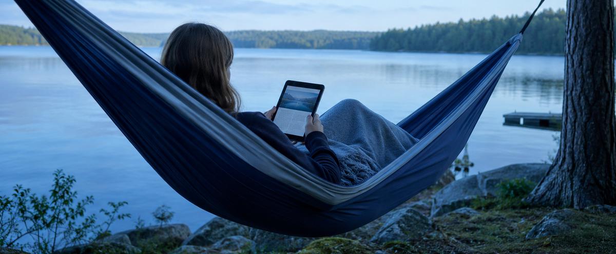Kvinna i hängmatta med Ipad. Bilden är genererad av Chatgpt.