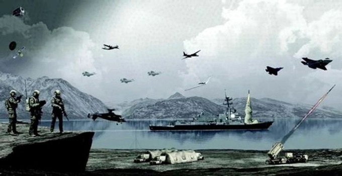 Illustration av stridsflygplan och krigsskepp.