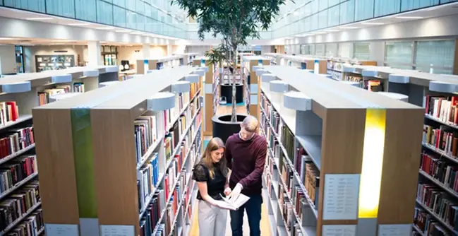 A couple of people standing in a library.
