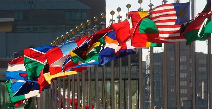 Internationella flaggor på flaggstänger.
